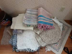 lot 49 image: Assorted Rugs & Rag Rugs, Floral Painted Trash Can