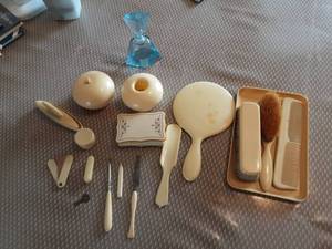 lot 57 image: Vintage Bakelite Dresser Set & Hand Cut Glass Perfume Bottle