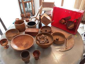lot 71 image: Lot Of Hand Crafted Wood Bowls, 1-Old Crock, Potty Chair With Enamelpot