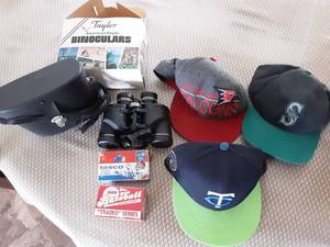 lot 66 image: Lot Of Binoculars 7x35, Tasco Sports Glasses, Baseball Caps,& Trading Cards (1989)
