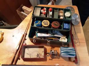 lot 92 image: Pflueger Reel, 2-Jig Sticks, Vintage My Buddy Tackle Box With Contents & 2- Ice Ladles