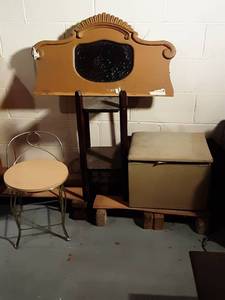 lot 107 image: Vintage Table, Mirror, Sewing Box, Vanity Stool