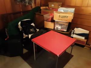 lot 134 image: Dehumidifier, Trundle Bed Frame, Suitcase, Card Table, Boxes Of Christmas, Office Chair