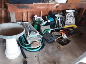 lot 138 image: Large Lot Of Lawn & Garden Related In 2 Areas Of Garage. Pails & Bench