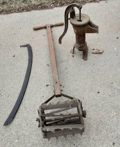 lot 143 image: Vintage Implements-Sistern Pump, Tiller, Scythe