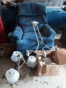 lot 157 image: Blue Recliner Chair, 2-Brushed Nickel Light Fixtures With Glass Globes