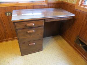 lot 8 image: Glass-Top Wooden Desk AS-IS