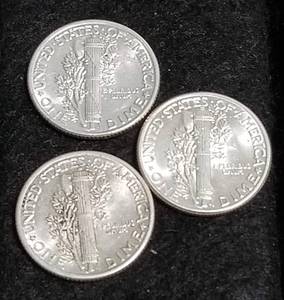 3 AU-UNC MERCURY DIMES 1937 1941 1944
