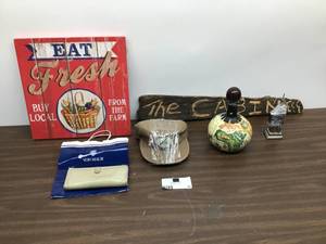 lot 20 image: Mixed Lot Of Home Decor Decanter, Rustic Wall Art And More