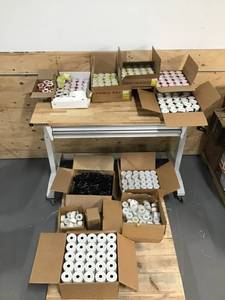 lot 25 image: Huge Mixed Lot Of Retail Sticker Marketing Signage Receipt Paper, Clearance Stickers, Coat Hangers, Quick Sale Stickers And More