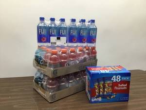 lot 47 image: Mixed Lot Of 48-12 oz. Gatorade Blue And Red, 12-500ml Fiji Water, 48-1oz. Salted Peanuts