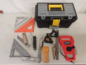 lot 15 image: Lot Of Speed Squares, 100 Tape Measure, Plumb Bob, Stud Finder, Utility Knives, Tool Box