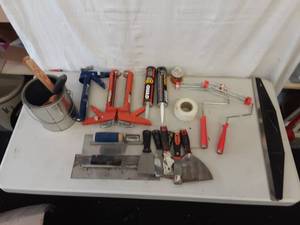 lot 25 image: Caulking Guns, Caulk, Trowels, Putty Knives, More