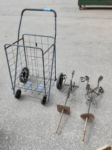 lot 37 image: Folding Cart & 2-Metal Plant Stands