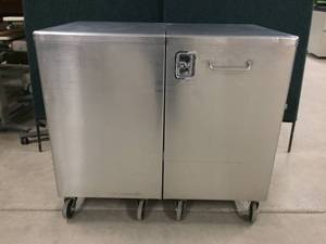 lot 31 image: MSRP $3500 Stryker Stry Kart Divided Table Heavy Gauge Stainless Steel Storage Cabinet Cart - Great Condition 40x36x24 