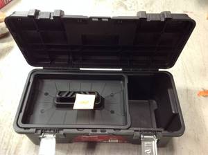 lot 44 image: Husky 26 in. Plastic Portable Tool Box with Metal Latches in Black  MISSING HANDLE