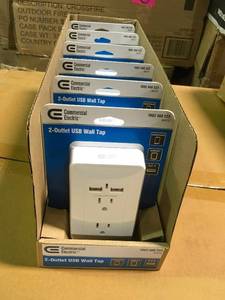 lot 36 image: Commercial Electric 4.2 Amp 2-Outlet 2-USB Wall Tap Power Station, White CASE 6 PACK not used