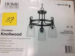 lot 37 image: Knollwood 3-Light Antique Bronze Chandelier with Vintage Brass Accents and Clear Glass Shades by Home Decorators Collection in good conditions