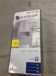 lot 72 image: Glacier Bay Shaker Style 23 in. W Wall Cabinet with Open Shelf in Dove Gray whit small damage still able to used 