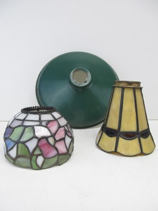 lot 173 image: 3 Vintage Lamp Shades - Stained Glass & Metal