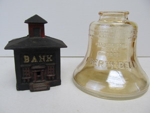 lot 198 image: Vintage Glass Liberty Bell & Cast Iron Coin Bank