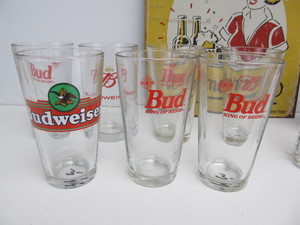 lot 45 image: Group of BUDWEISER Beer Glasses & Metal Bar Sign Free Beer Tomorrow