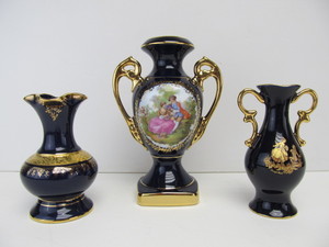 lot 9 image: 3 Deep Cobalt Blue Porcelain Limoges VasesUrns