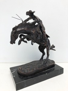 lot 2 image: Vintage FREDERICK REMINGTON Solid Bronze Sculpture - The Bronco Buster