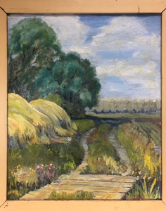 lot 5 image: Antique Framed Signed French Impressionist Oil on Canvas Painting - Country Road wHaystacks