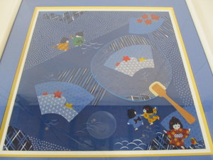 lot 216 image: Original Japanese Children Summer Celebration Painting on Silk w Bamboo Fan