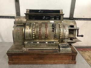 lot 7 image: Antique Nickel Plated Brass NATIONAL Cash Register Model 542 wQuartersawn Oak Base