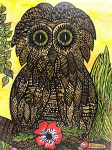 lot 209 image: Vintage Framed Signed Dogolla Original Watercolor & Ink Owl Painting