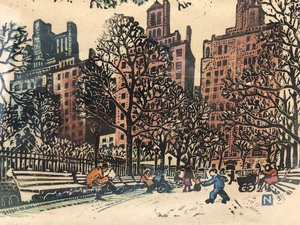 lot 109 image: Framed Signed Vintage Full Color Woodcut Print by Listed Artist Woldemar Neufeld (1909-2002)