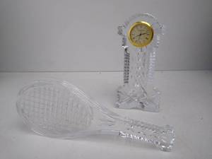 lot 155 image: Signed WATERFORD Crystal Desk Clock & Tennis Racket Paperweight