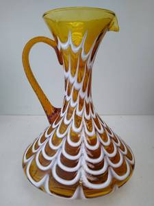 lot 97 image: Beautiful Vintage Hand Blown Amber Glass Ewer wPulled White Design
