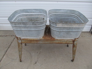 lot 248 image: Old Vintage WHEELING Double Galvanized Wash Tub wRolling Stand