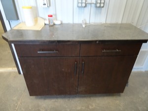 lot 59 image: 36x96 brown pantry style cabinet with 60 lower cabinet and countertop, small oak lower cabinet