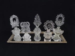 5 Antique Crystal Perfume Bottles on Display Tray