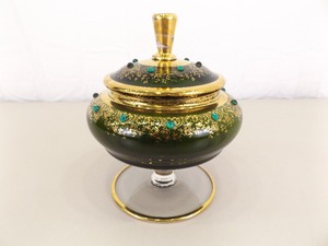 Green Gold Gilded Bohemian Class Covered Footed Compote