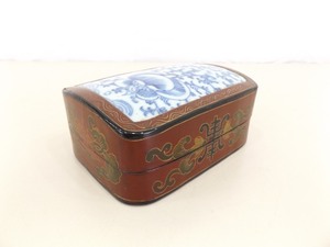 Vintage Asian Lacquered Wood Box with Inlayed Ancient Pottery Piece