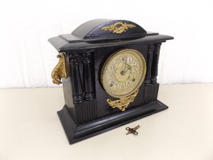 Antique Working Wood and Brass Accented Gilbert Mantle Clock with Key