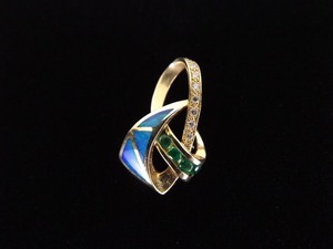 14k Yellow Gold Diamond, Emerald, and Inlayed Opal Infinity Slide Pendant