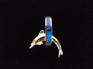 14k Yellow Gold Inlayed Opal Dolphin Slide Pendant