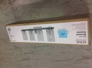 lot 68 image: Boswell Quarter 4-Light Brushed Nickel Vanity Light with Painted Weathered Gray Wood Accents