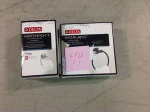 lot 94 image: DELTA GREENWICH II TOILET PAPER HOLDER, AND AVERLAND TOWEL RING not used
