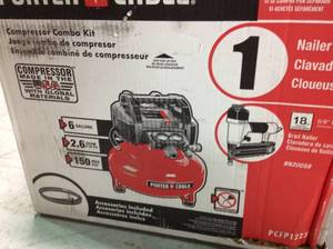 lot 101 image: Porter-Cable 6 Gal. 150 PSI Portable Electric Air Compressor and 18-Gauge Brad Nailer Combo Kit (1-Tool) in good conditions