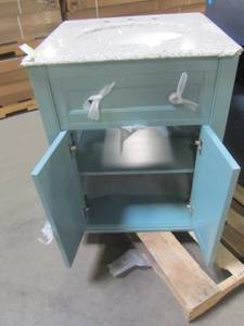 lot 38 image: Home Decorators Collection Hamilton Shutter 25 in. W x 22 in. D Bath Vanity in Sea Glass with Granite Vanity Top in Grey 10806-VS25H-SG