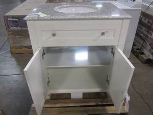 lot 26 image: Home Decorators Collection Hamilton Shutter 31 in. W x 22 in. D Bath Vanity in Ivory with Granite Vanity Top in Grey 10806-VS31H-DW