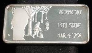 1 TROY OZ. .999 FINE SILVER ART BAR 50 STATES VERMONT