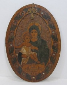 lot 14 image: Antique Flemish Art Company Religious Icon on Wood - Sichel Madonna